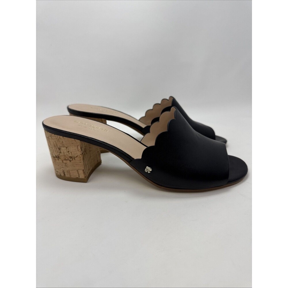 Kate Spade Black Leather Scalloped Edge Block Heel Open Toe Mules Women's 8.5M